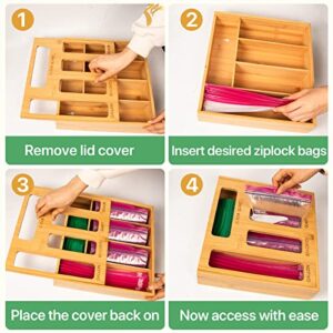 NIKUY Bag Storage Organizer for Kitchen Drawer, Bamboo Baggie Organizer, Compatible with Ziploc, Solimo, Glad, Hefty for Gallon, Quart, Sandwich and Snack Variety Size Bag (1 Box 5 Slots)