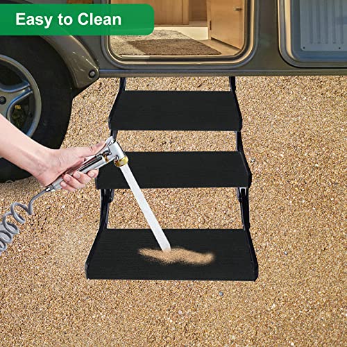 BLACKHORSE-RACING RV Steps Covers Rugs 3 Pack, 18" Inch Wide RV Camper Step Stair Covers, Wrap Around Camper Stair Rugs Radius Carpet with Spring Hooks, Black