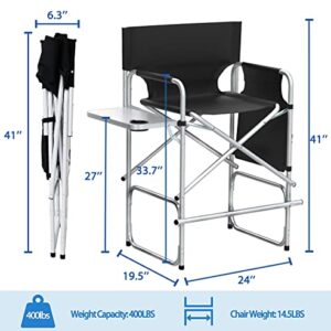 ZIXNEXKOO Tall Directors Chair, 41’’Portable Makeup Artist Chair Bar Height, Folding Directors Chair with Side Table, Cup Holder, Storage Bag and Footrest for Camping - Supports 400 lbs