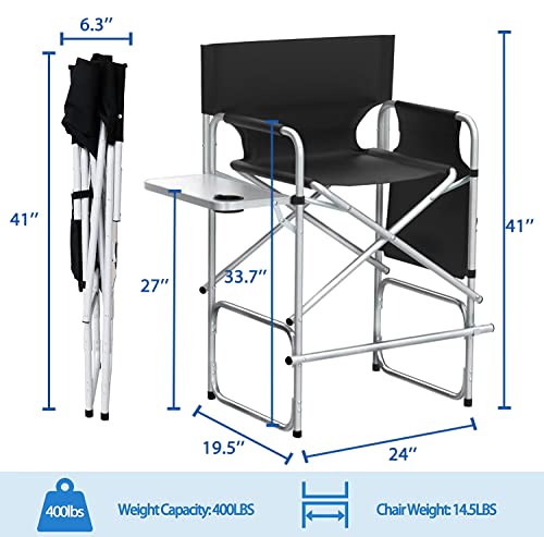 ZIXNEXKOO Tall Directors Chair, 41’’Portable Makeup Artist Chair Bar Height, Folding Directors Chair with Side Table, Cup Holder, Storage Bag and Footrest for Camping - Supports 400 lbs