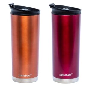 costablue vacuum insulated stainless steel thermal travel mug - keeps drinks cold or hot for hours - leak-proof, dishwasher safe lid - 16 ounces, peach cooper & wine purple combo