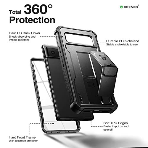 Dexnor for Google Pixel 6 Case, [Built in Screen Protector and Kickstand] Heavy Duty Military Grade Protection Shockproof Protective Cover for Google Pixel 6 5G (Black)