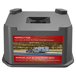 rophor trailer jack block, new version rv camper blocks for travel trailer 5th wheels and more, up to 15,000 lbs, use for any tongue jack, post, foot, 5th hydraulic jack or scissor stabilizer
