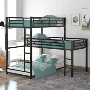 triple bunk beds, l-shaped bunk bed for 3 kids adults with 2 built-in ladders and full-length guardrails, space-saving, noise-free metal triple bunk bed