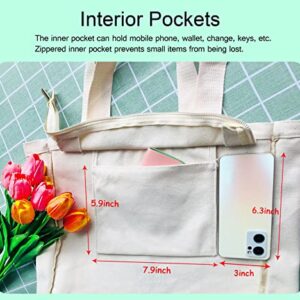 Canvas Aesthetic Tote Bag with Zipper Interior Pocket Shoulder Tote Bags for Women School Shopping