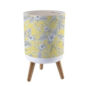 small trash can with lid rose hips with flowers and berries seamless graphic drawing engraving wood legs press cover garbage bin round waste bin wastebasket for kitchen bathroom office 7l/1.8 gallon