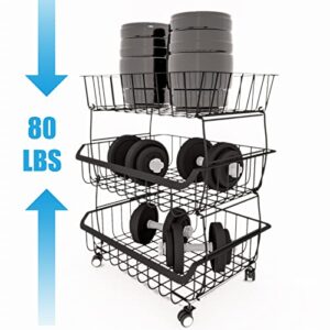 Seed Spring 5 Tier Fruit Basket – Stackable Wire Basket Cart with Rolling Wheels – Fruits Vegetable Kitchen Storage Cart Pantry Laundry Organizer – Black