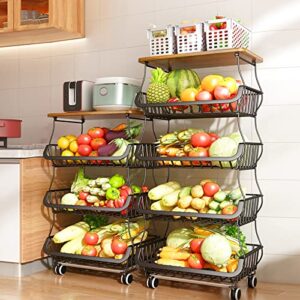 Seed Spring 5 Tier Fruit Basket – Stackable Wire Basket Cart with Rolling Wheels – Fruits Vegetable Kitchen Storage Cart Pantry Laundry Organizer – Black