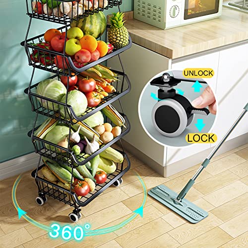 Seed Spring 5 Tier Fruit Basket – Stackable Wire Basket Cart with Rolling Wheels – Fruits Vegetable Kitchen Storage Cart Pantry Laundry Organizer – Black