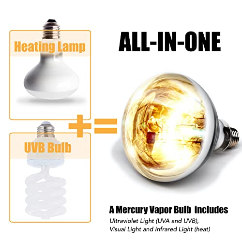 MRREPTILE UVA UVB Reptile Light, Heat Bulb Full Spectrum Sun Lamp, for Reptiles and Amphibian Tortoise/Bearded Dragon, 100W Mercury Vapor Bulb