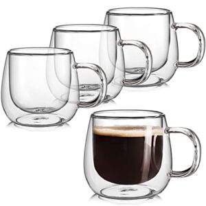bnunwish double wall glass coffee mugs 10oz set of 4 insulated clear tea cups with handle, perfect for espresso, latte and cappuccinos