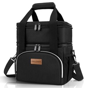 baloray 15l black insulated lunch bag for men women, expandable large lunch bags for work, leakproof double deck lunch box cooler tote bag with adjustable shoulder strap