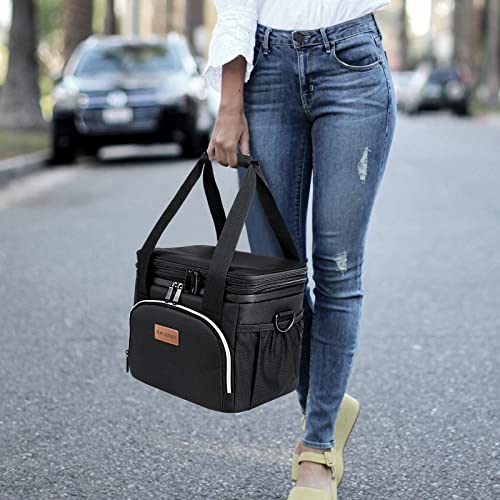 BALORAY 15L Black Insulated Lunch Bag for Men Women, Expandable Large Lunch Bags for work, Leakproof Double Deck Lunch Box Cooler Tote Bag with Adjustable Shoulder Strap