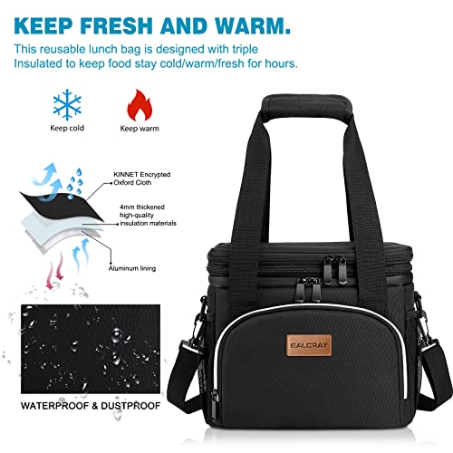 BALORAY 15L Black Insulated Lunch Bag for Men Women, Expandable Large Lunch Bags for work, Leakproof Double Deck Lunch Box Cooler Tote Bag with Adjustable Shoulder Strap
