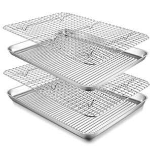 p&p chef 16 inch baking sheets with racks, stainless steel baking oven pan tray and cooling rack set, corrugated bottom & grid rack, healthy & durable, dishwasher safe, 4 pieces (2 pans + 2 racks)