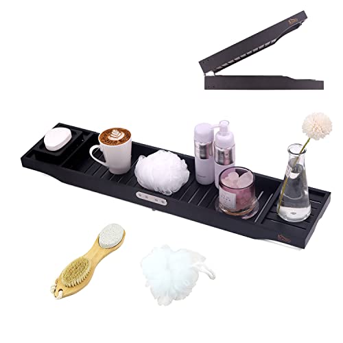 BUDFAY Bathtub Tray, Foldable Bamboo Bath Tray, Stylish Bathroom Accessories with Free soap Dish, Foot Brush, Bath Ball (Black)