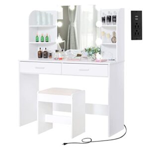 usikey large vanity set with lighted mirror & charging station, makeup vanity tables with 2 drawers, 6 shelves, 10 embedded light bulbs, vanity desk with cushioned stool for bedroom, white