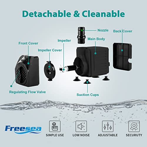 FREESEA Aquarium Submersible Fountain Pump: 30W 550GPH Adjustable Quiet Water Pumps with 7.2ft High Lift for Small Pond | Waterfall | Outdoor | Statuary | Hydroponic (550GPH)