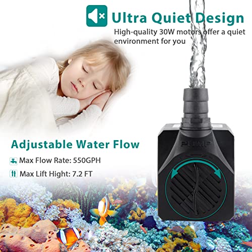 FREESEA Aquarium Submersible Fountain Pump: 30W 550GPH Adjustable Quiet Water Pumps with 7.2ft High Lift for Small Pond | Waterfall | Outdoor | Statuary | Hydroponic (550GPH)