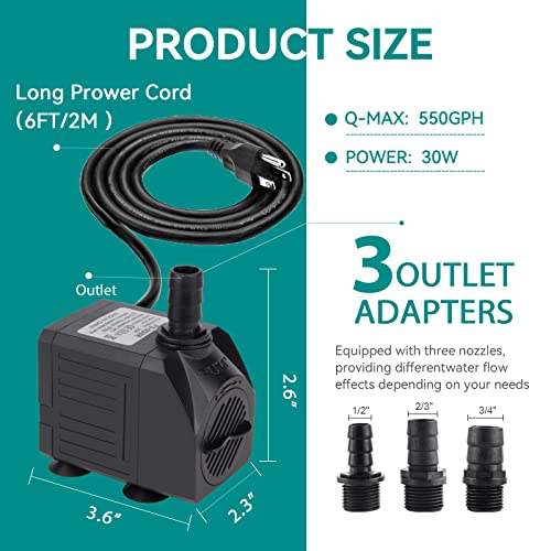 FREESEA Aquarium Submersible Fountain Pump: 30W 550GPH Adjustable Quiet Water Pumps with 7.2ft High Lift for Small Pond | Waterfall | Outdoor | Statuary | Hydroponic (550GPH)