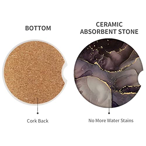 Car Coasters for Drinks Absorbent, 2 Pack Cup Holders, 2.56" Ceramic Stone & Non-Scratch Cork Base Coasters, Auto Accessories for Women & Men, Natural Luxury Waves Golden Marble