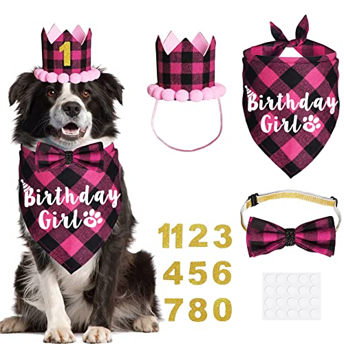 JOTFA Dog Birthday Party Supplies, Plaid Dog Birthday Bandana Girl with Dog Birthday Number Crown Hat Bowtie for Small Medium Dogs Birthday Outfit (Pink, Bandana & Hat & Bow Tie & Number)