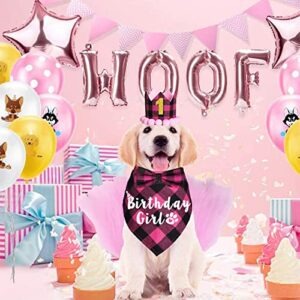 JOTFA Dog Birthday Party Supplies, Plaid Dog Birthday Bandana Girl with Dog Birthday Number Crown Hat Bowtie for Small Medium Dogs Birthday Outfit (Pink, Bandana & Hat & Bow Tie & Number)