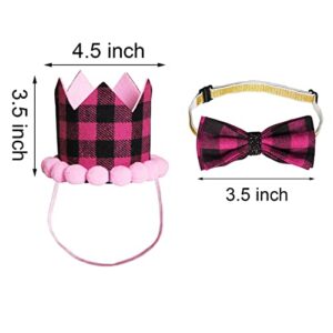 JOTFA Dog Birthday Party Supplies, Plaid Dog Birthday Bandana Girl with Dog Birthday Number Crown Hat Bowtie for Small Medium Dogs Birthday Outfit (Pink, Bandana & Hat & Bow Tie & Number)