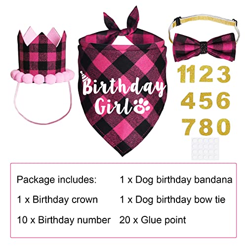 JOTFA Dog Birthday Party Supplies, Plaid Dog Birthday Bandana Girl with Dog Birthday Number Crown Hat Bowtie for Small Medium Dogs Birthday Outfit (Pink, Bandana & Hat & Bow Tie & Number)