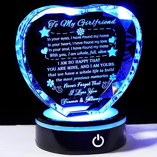 YWHL Gifts for Girlfriend Romantic to My Girlfriend Crystal Heart Keepsakes with Colorful LED Base Girlfriend Birthday Gifts, Anniversary Christmas Valentine's Day Present for Girlfriend from Boyfriend