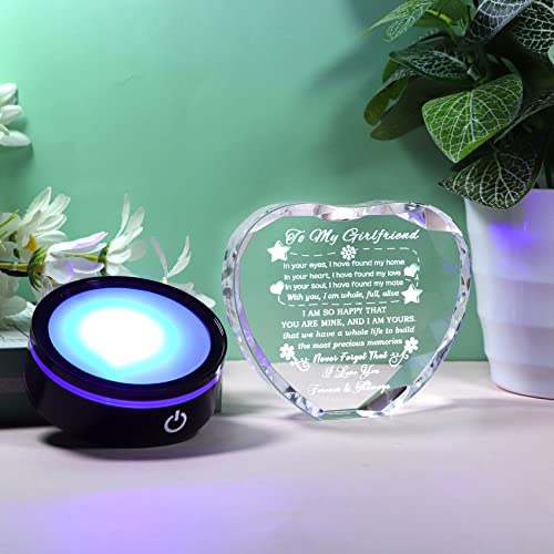 YWHL Gifts for Girlfriend Romantic to My Girlfriend Crystal Heart Keepsakes with Colorful LED Base Girlfriend Birthday Gifts, Anniversary Christmas Valentine's Day Present for Girlfriend from Boyfriend