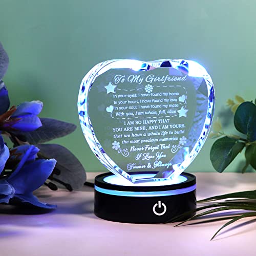 YWHL Gifts for Girlfriend Romantic to My Girlfriend Crystal Heart Keepsakes with Colorful LED Base Girlfriend Birthday Gifts, Anniversary Christmas Valentine's Day Present for Girlfriend from Boyfriend