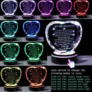 YWHL Gifts for Girlfriend Romantic to My Girlfriend Crystal Heart Keepsakes with Colorful LED Base Girlfriend Birthday Gifts, Anniversary Christmas Valentine's Day Present for Girlfriend from Boyfriend