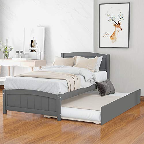 Merax Twin Size Solid Wood Platform Bed with Trundle, Wooden Slats Support, No Box Spring Needed, Easy Assembly, Gray