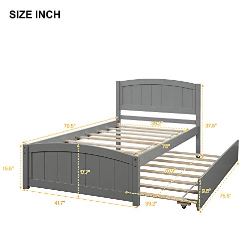 Merax Twin Size Solid Wood Platform Bed with Trundle, Wooden Slats Support, No Box Spring Needed, Easy Assembly, Gray