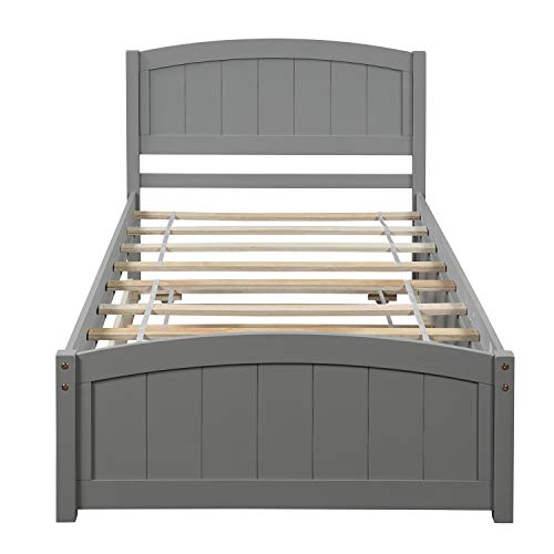 Merax Twin Size Solid Wood Platform Bed with Trundle, Wooden Slats Support, No Box Spring Needed, Easy Assembly, Gray