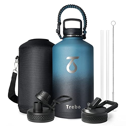 Trebo One Gallon Water Bottle Insulated with Paracord Handle,128oz Stainless Steel Sports Large Jug,Food-grade Double Wall Vacuum with Straw Spout Handle Lids, Leakproof Keep Cold & Hot, Indigo Black