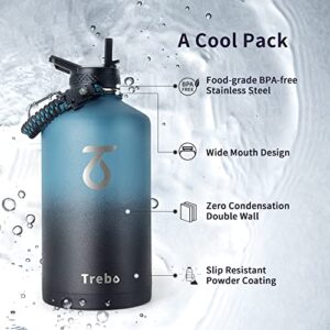 Trebo One Gallon Water Bottle Insulated with Paracord Handle,128oz Stainless Steel Sports Large Jug,Food-grade Double Wall Vacuum with Straw Spout Handle Lids, Leakproof Keep Cold & Hot, Indigo Black