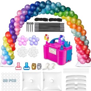 balloon arch kit and pump, 9ft tall & 10ft wide adjustable balloon arch holder stand with base, iron pipe, water bag, balloon clips, knotter for wedding graduation birthday party supplies decoration