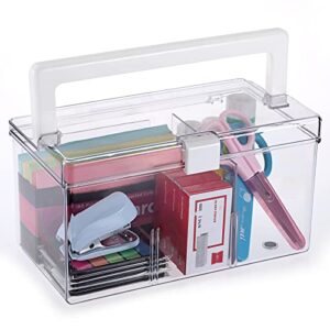 btsky multipurpose plastic storage box with top handle & latch lock- portable storage box sewing box, tool box with 2 removable grids and anti-slip feet for organizing art craft supplies, cosmetics, stationary supplies(clear white)