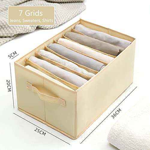 2 Pcs Wardrobe Clothes Organizer with Support Board,Foldable Drawer Organizers for Clothing, Clothes Organizer For Folded Clothes, Drawer Dividers For Clothes,Pants,Large Size,7 Grids (Beige)