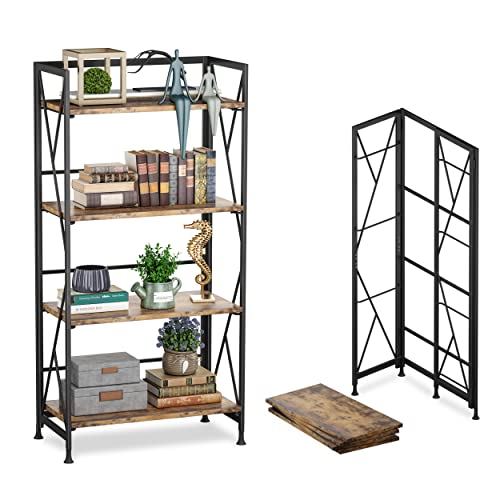 Borzer Folding Bookshelf No Assembly Bookcase Industrial Storage Shelves (Rustic Brown, 4 Tier)