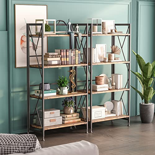 Borzer Folding Bookshelf No Assembly Bookcase Industrial Storage Shelves (Rustic Brown, 4 Tier)