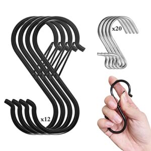 hooney 32 pack s hooks,heavy duty metal s hooks with safety buckle design,multipurpose metal hooks,for hanging string lights,bird feeders,plants,pots and pans,bags,clothes(black,silver)