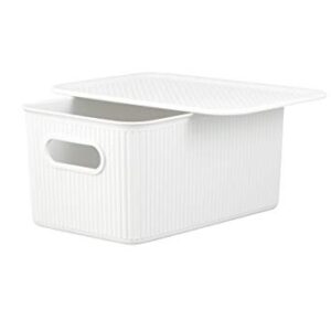 Superio Ribbed Collection - Decorative Plastic Lidded Home Storage Bins Organizer Baskets, Medium White (2 Pack - 5 Liter) Stackable Container Box, for Organizing Closet Shelves Drawer Shelf