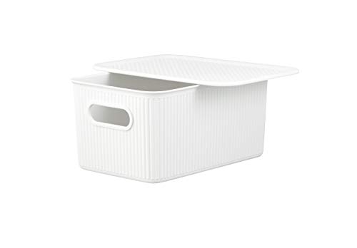 Superio Ribbed Collection - Decorative Plastic Lidded Home Storage Bins Organizer Baskets, Medium White (2 Pack - 5 Liter) Stackable Container Box, for Organizing Closet Shelves Drawer Shelf