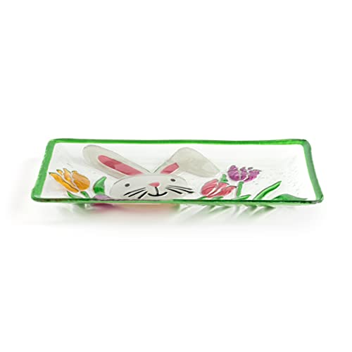 DEMDACO Bunny In Tulips Vibrant Green 15 x 8 Glass Easter Rectangular Platter