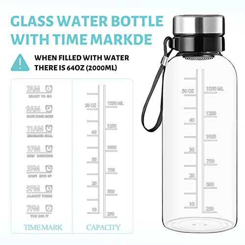 RNCKUUE 64 OZ Glass Water Bottle - Large Resuable Borosilicate Wide Mouth Glass Drinking Bottles With Time Mark, Sleeve, BPA Free