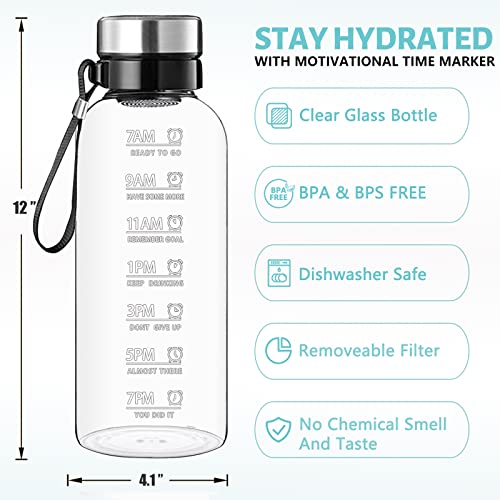 RNCKUUE 64 OZ Glass Water Bottle - Large Resuable Borosilicate Wide Mouth Glass Drinking Bottles With Time Mark, Sleeve, BPA Free