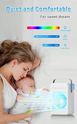 Portable Air Conditioners Fan, 600ml Water Tank Personal Mini Air Conditioners with 4 Wind Speeds, 2-6H Timer USB Evaporative Air Cooler Fan with LED Light for Home Office Bedroom Kitchen